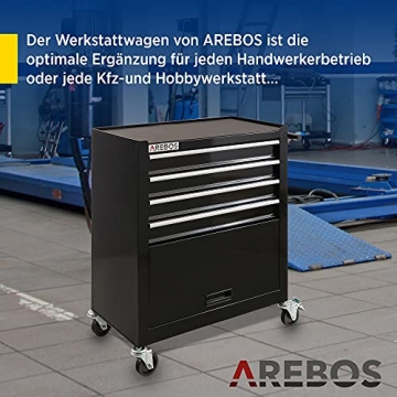Arebos Werkstattwagen 4 Fächer + großes Fach für Ihr Werkzeug | inkl. Antirutschmatten | 2 Rollen mit Feststellbremse (Schwarz) - 2