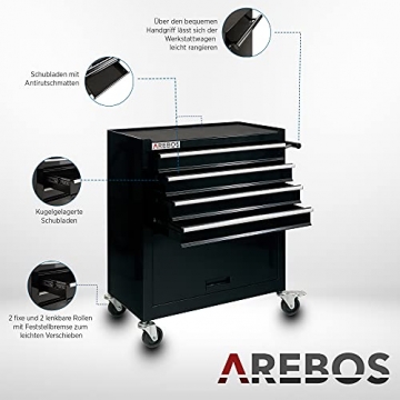 Arebos Werkstattwagen 4 Fächer + großes Fach für Ihr Werkzeug | inkl. Antirutschmatten | 2 Rollen mit Feststellbremse (Schwarz) - 5
