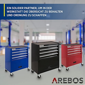 Arebos Werkstattwagen 4 Fächer + großes Fach für Ihr Werkzeug | inkl. Antirutschmatten | 2 Rollen mit Feststellbremse (Schwarz) - 6