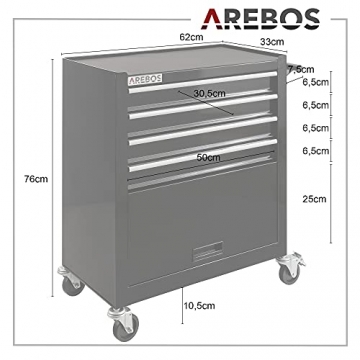 Arebos Werkstattwagen 4 Fächer + großes Fach für Ihr Werkzeug | inkl. Antirutschmatten | 2 Rollen mit Feststellbremse (Schwarz) - 7