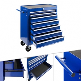Arebos Werkstattwagen 7 Fächer | zentral abschließbar | inkl. Antirutschmatten | kugelgelagerte Schubladen | 2 Rollen mit Feststellbremse (blau) - 1
