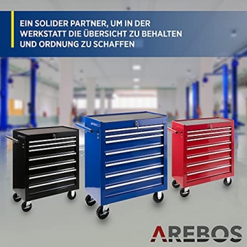Arebos Werkstattwagen 7 Fächer | zentral abschließbar | inkl. Antirutschmatten | kugelgelagerte Schubladen | 2 Rollen mit Feststellbremse (blau) - 6