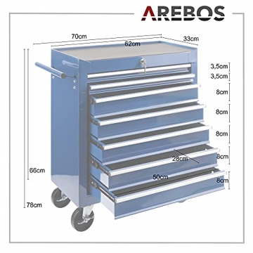 Arebos Werkstattwagen 7 Fächer | zentral abschließbar | inkl. Antirutschmatten | kugelgelagerte Schubladen | 2 Rollen mit Feststellbremse (blau) - 7