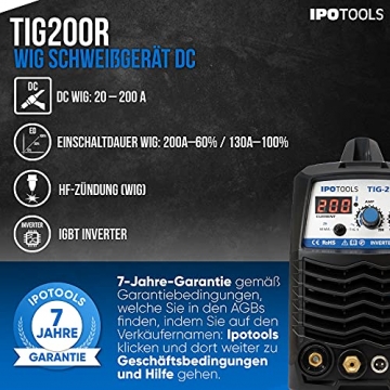 IPOTOOLS TIG-200R WIG Schweißgerät DC - TIG WIG Schweissgerät 200 Amper Volldigitales Inverter Schweißgerät mit Digitale LCD Anzeige, HF-Zündung, MMA E-Hand, IGBT, 7 Jahre Garantie - 2