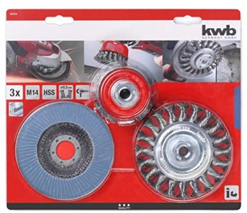 kwb 597510 Drahtbürsten-Set für Winkelschleifer mit M14-Aufnahme inkl. 115 mm Schleifscheibe K-80 für Reinigungs-und Schleifarbeiten, (3-teilig) - 3