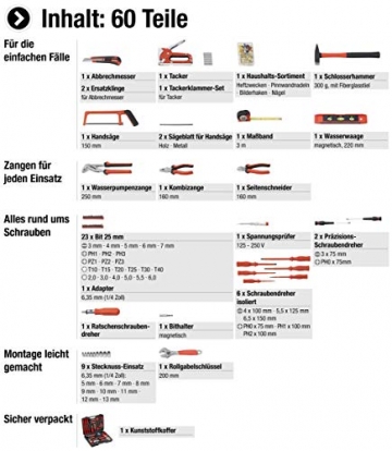 Meister Haushaltskoffer 60-teilig - Werkzeug-Set - Werkzeug für den täglichen Gebrauch / Werkzeugkoffer befüllt / Werkzeugset / Werkzeugbox komplett mit Werkzeug / Werkzeugsortiment / 8973630 - 4