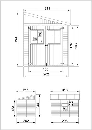 TIMBELA Holz Gartenschuppen (ohne Seitenwand) - Abstellkammer mit Fenstern - H244x202x298 cm/6,02 m2 Naturholz-Shiplap-Schuppen - Gartenwerkstatt - Fahrrad- Geräteschuppen M339 - 6