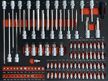 Werkzeugwagen Werkstattwagen mit 8 Schubladen davon 7 mit Werkzeug wie Schraubenschlüssel, Ratsche mit Nusskasten, Schraubendreher usw. in Soft Inlays in Carbonoptik befüllte Schubladen von Mephisto - 4