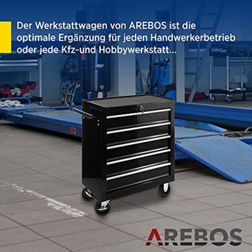 Arebos Werkstattwagen 5 Fächer | zentral abschließbar | inkl. Antirutschmatten | kugelgelagerte Schubladen | 2 Rollen mit Feststellbremse (schwarz) - 2