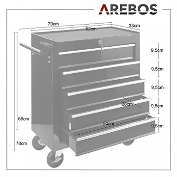 Arebos Werkstattwagen 5 Fächer | zentral abschließbar | inkl. Antirutschmatten | kugelgelagerte Schubladen | 2 Rollen mit Feststellbremse (schwarz) - 5