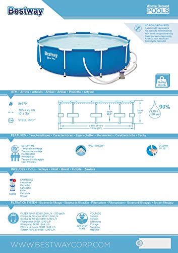 Bestway Steel Pro Frame Pool, rund 305x76 cm Stahlrahmenpool-Set mit Filterpumpe, blau - 6