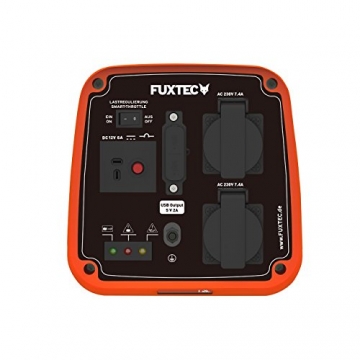 Fuxtec Inverter FX-IG12 Wechselrichter Benzin Stromerzeuger, 2,2 KW Leistung,4h Laufleistung, 3,8L Tankinhalt,4-Takt Motor - 2X 230V Anschluss geeignet für Ladegeräte,Laptops,2X USB-Anschlüsse 5V-2A - 6