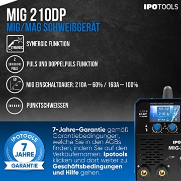 IPOTOOLS MIG-210DP Inverter Schweißgerät MIG MAG - synergischer MIG/MAG-Schweißinverter mit Puls Doppelpuls 210 Ampere/Synergic/Aluminium/Fülldraht/LCD Display / 230V / 7 Jahre Garantie - 2