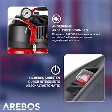 AREBOS 30L Druckluftkompressor Kompressor stehend 1500 W | inkl. 13-tlg. Druckluft-Werkzeug-Set | Wartungsarm | Abschaltautomatik | Extra langer Luftschlauch | ölfrei | Luftkompressor 10 bar - 6