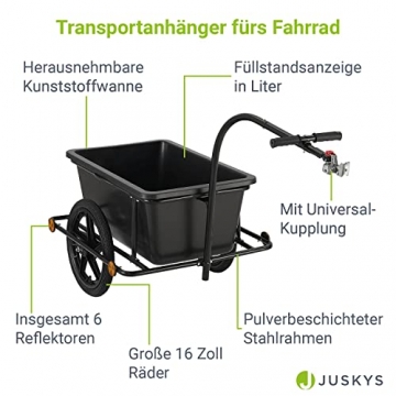 Juskys Fahrradanhänger 90 Liter - Lastenanhänger mit Kupplung, Deichsel — Anhänger für Fahrrad 40 / 80 kg Zuladung — Transportanhänger mit Reflektoren - 3