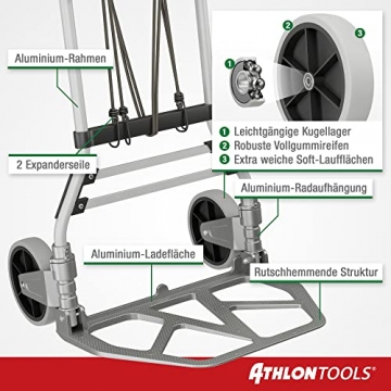 ATHLON TOOLS Schwerlast-Sackkarre klappbar 150 kg - Aluminium - Große Räder leichtgängig mit Soft-Laufflächen und Kugellager, 2 Expanderseile - Modell 2022 - 3