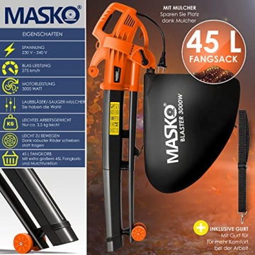 MASKO® Elektro Laubsauger | 3 in 1 | 3000W | Schultergurt und Rollen | Fangsack 45L | Laubbläser Gartensauger Gartenbläser Orange - 2