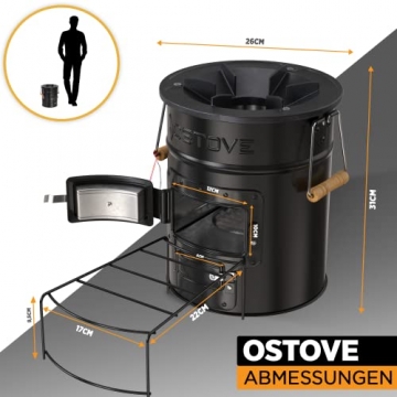 OSTOVE PRO Raketenofen - Das PRO Model mit 2 Kammern für Holz oder Kohle/Biomasse - Ideal für Camping und Kochen im Freien (ALL-BLACK) - 6