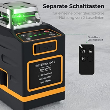 Kreuzlinienlaser Grün 2x360 Grad Laser Selbstnivellierend mit Fernbedienung, Kreuzlaser mit wiederaufladbare Batterie (USB-Aufladung) bis 30m Arbeitsbereich, inkl. Magnethalterung und mini-Stativ - 4