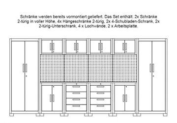 KrofTools ToolsDE Werkstatteinrichtung Set mit Schubladen 16-TLG ca. 395x50x200 cm,Werkbank,Werkzeugschrank,Werkzeugwand - Modulares Werkbank Holzarbeitsplatte inkl. Rückwand 8680SET (Set2),2000,Grau - 2