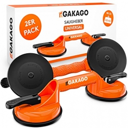 Gakago Saugheber (2er Pack) - Ergonomische & rutschfeste Sauggriffe - 100kg tragfähiger Vakuumheber für den Transport von Fliesen, Laminat, Scheiben und Glas als Glasheber, Glassauger, Glasträger - 1
