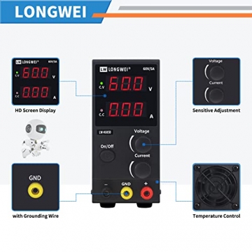 LONGWEI Labornetzteil 60v 5a, labornetzgerät，Dc power supply 3-stellige LED-Anzeige, mit 4 Stk multimeter kabel，netzgerät regelbar gilt für Arduino，galvanisieren set，diy，labor netzteil - 2