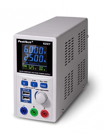 PeakTech P 6227 – DC Labor Netzteil 0-60 V / 0-6 A mit farbiger LCD Anzeige, Labor Netzgerät inkl. 2x USB Port, Einstellbare Ausgangsspannung, Betriebsspannung 115-240 V AC/ 50-60Hz - EN 61010-1 - 3